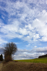 stormy cloudy sky on a green field