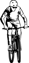 man on MTB bike - black and white vector illustration