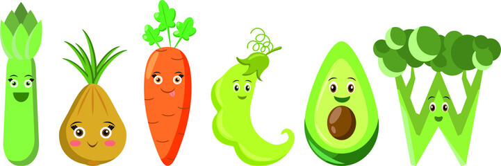 Cute happy cartoon vegetables. All in different layers for easy editing isolated on white background. Vector illustration