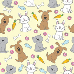 Obraz na płótnie Canvas Seamless pattern with cute animals. Includes cat, dog and rabbit. It can be used for wallpapers, cards, patterns for clothes and other.