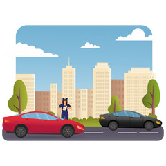 Police Officer Character in Uniform Write Fine on Road to Intruder. Law Protection, Car Traffic Inspector, Safety Control, High Speed Traffic Violation, Policeman Work Cartoon Flat Vector. Flat vector