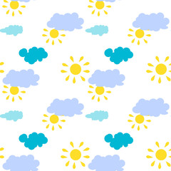 Cute seamless pattern with clouds and sun.Can be used for wallpaper,fabric, web page background, surface textures.