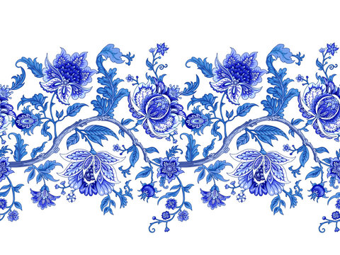 Seamless Border With Decorative Baroque Flowers