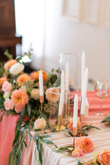Elegant decor of a wedding bank in peach and green