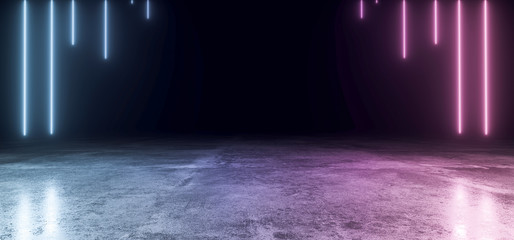 Abstract Shaped Sci Fi Futuristic Modern Vibrant Glowing Neon Purple Blue Laser Tube Lights In Long Dark Empty Grunge Texture Concrete Tunnel Background 3D Rendering
