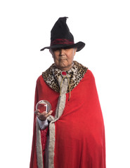 portrait of an old magician on a white isolated background