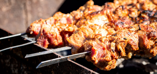 Barbecue. Cooking Shish kebab meat on the grill. Street food.