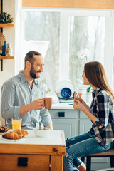 Pleasant relaxed talk at the breakfast at home stock photo
