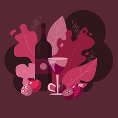Beautiful illustration for liquor stores. Glass of red wine with fruits and botanical background.