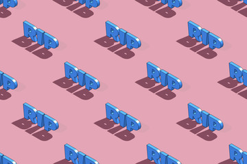 Isometric seamless pattern of word RIP or rest in peace abbreviation. Blue colored on pink background with hard shadows. 3d illustration.