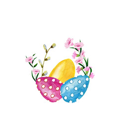 Happy Easter watercolor hand painted greeting card. Composition with eggs and pink flowers on a white background.