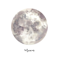Watercolor moon. Cosmic illustration isolated on white background. Hand painted modern space design.