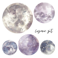 Watercolor cosmic set. Hand drawn moon collection. Various space elements isolated on white background.