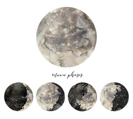 Watercolor moon phases set. Hand drawn elements collection. Various space objects isolated on white background.