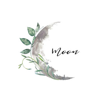 Watercolor moon and florals label. Isolated logo design with plants and lunar silhouette