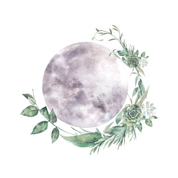 Watercolor moon and floral wreath. Natural illustration for logo, tattoo, banner, sticker. Isolated art on white background