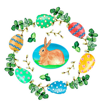 Watercolor illustration of happy easter card with cute easter bunny, colored eggs and oval frame. White background with willow and eucalyptus branches.