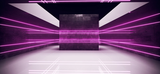 Elegant Sci Fi Modern Futuristic Alien Empty Grunge Concrete Room With Neon Glowing Purple  Light Tubes Reflections Empty Space For Text 3D Rendering