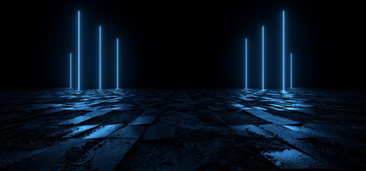 Sci Fi Futuristic Dark Night Neon Laser Classic Pantone Blue Beams Pillars Rauer Fliesenboden Betonsteinfliesen Reflektierendes Cyber Virtual Glowing 3D Rendering © IM_VISUALS