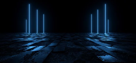 Sci Fi Futuristic Dark Night Neon Laser Classic Pantone Blue Beams Pillars Rauer Fliesenboden Betonsteinfliesen Reflektierendes Cyber Virtual Glowing 3D Rendering © IM_VISUALS