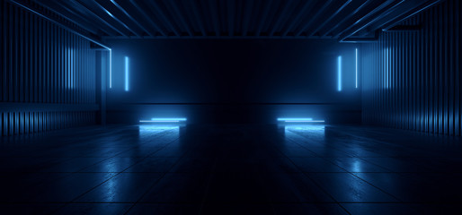 Sci Fi Futuristic Studio Stage Dark Room Underground Warehouse Garage Neon Led Laser Glowing Pantone Classic Blue Beams On Concrete Tiled Floor Reflective Empty Cyber 3D Rendering