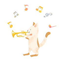 Cartoon animal playing music, cat, trumpet  © maoette