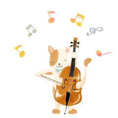 Cartoon animal playing music, cat contrabass 