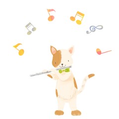Cartoon animal playing music, cat. flute 