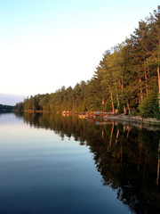scenic tranquil landscape at the French river in northern Ontario, Canada with calm lake and pine forest or tree line with spectacular reflections under pale blue sky in August. beauty in nature