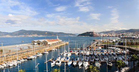 Panorama of Vigo estuary, marina of the Real Club Nautico Yacht Club and transatlantic dock....