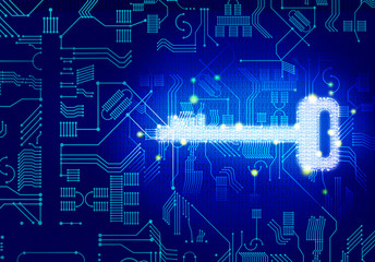 digital key for AI or Artificial intelligence Safety concept, Dot Connection formed Key icon on Binary digital number background