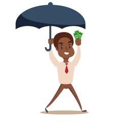 Businessman holding umbrella to protect money. Vector illustration for financial, insurance savings concept