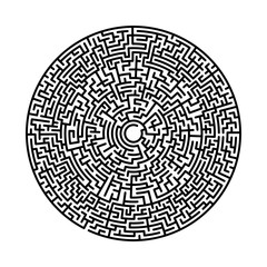 Difficult circle maze. Hard round vector labirinth. Vector black circle maze on white background. Education puzzle with search of solution. Circular isolated labirinth. A game for logic find way exit.