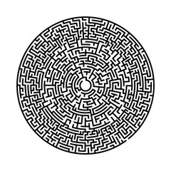 Difficult circle maze. Hard round vector labirinth. Vector black circle maze on white background. Education puzzle with search of solution. Circular isolated labirinth. A game for logic find way exit.