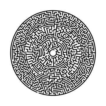 Difficult Circle Maze. Hard Round Vector Labirinth. Vector Black Circle Maze On White Background. Education Puzzle With Search Of Solution. Circular Isolated Labirinth. A Game For Logic Find Way Exit.