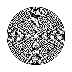 Difficult circle maze. Hard round vector labirinth. Vector black circle maze on white background. Education puzzle with search of solution. Circular isolated labirinth. A game for logic find way exit.
