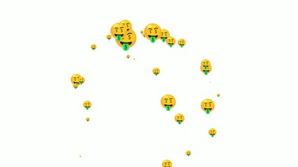 greedy emoticons flying animation. social media motion isolated on white background.