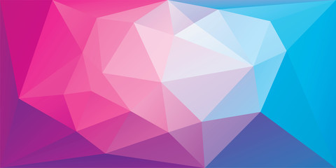 Polygonal background of triangles in pink and blue colors. Triangular banner template. Low poly mesh gradient in origami style. Vector eps8 illustration.