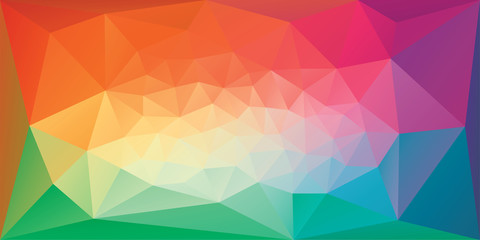 Polygonal background in bright rainbow colors. Colorful triangular banner template. Spectrum gradient geometric backdrop in origami style. Vector eps8 illustration with irregular triangles.