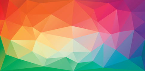 Triangular polygonal background in bright rainbow colors. Colorful banner template of irregular triangles. Spectrum gradient geometric backdrop in origami style. Vector eps8 illustration.