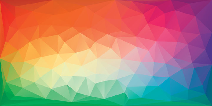 Triangular polygonal background in bright rainbow colors. Colorful banner template of irregular triangles. Spectrum gradient geometric backdrop in origami style. Vector eps8 illustration.