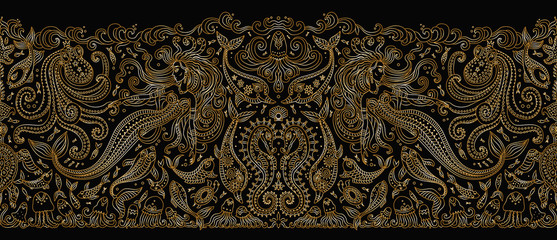 Vector seamless border pattern. Fantasy mermaid, octopus, fish, sea animals gold contour thin line drawing on a black background. Embroidery border, wallpaper, textile print, wrapping paper