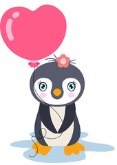 Cute girl penguin holding a heart shaped balloon