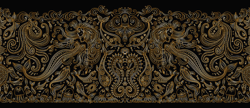 Vector seamless border pattern. Fantasy mermaid, octopus, fish, sea animals gold contour thin line drawing on a black background. Embroidery border, wallpaper, textile print, wrapping paper