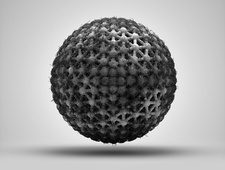 3d render of abstract black and white art with surreal 3d ball in atomic structure in matte plastic material with black metal aluminum wire around on light grey background