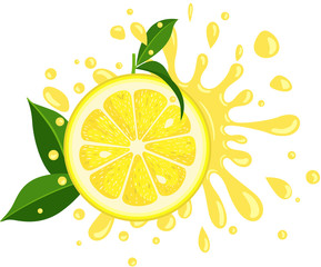 Splash juicy slice of lemon with green leaves