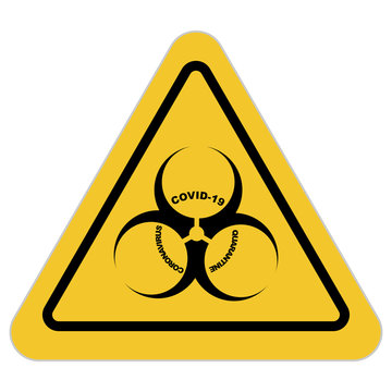 COVID-19 Biological hazard icon, with black biohazard symbol on yellow triangular sign