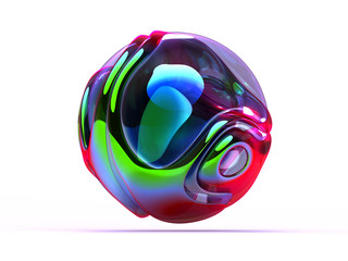 3d render of abstract art 3d ball in organic curve round wavy smooth and soft bio forms in glossy glass material painted in extreme gradient green blue pink and purple color on white background