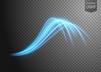 Abstract blue wavy line of light with a transparent background, isolated and easy to edit