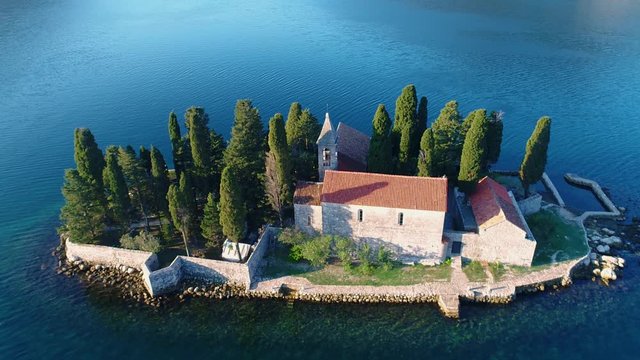 Saint George Church island Boka Kotarska Bay, Montenegro AERIAL